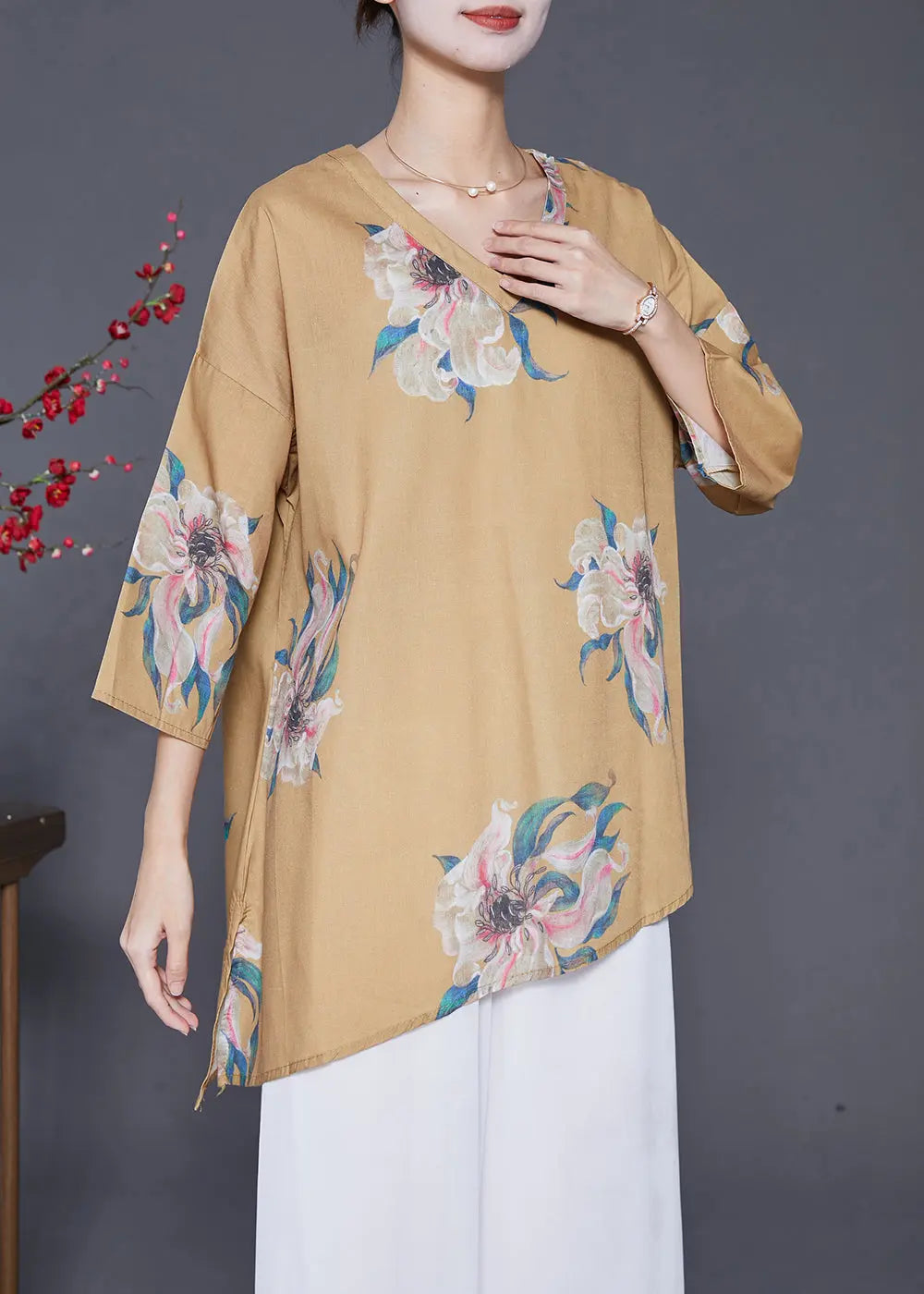 Women Khaki Asymmetrical Print Linen Shirts Summer Ada Fashion