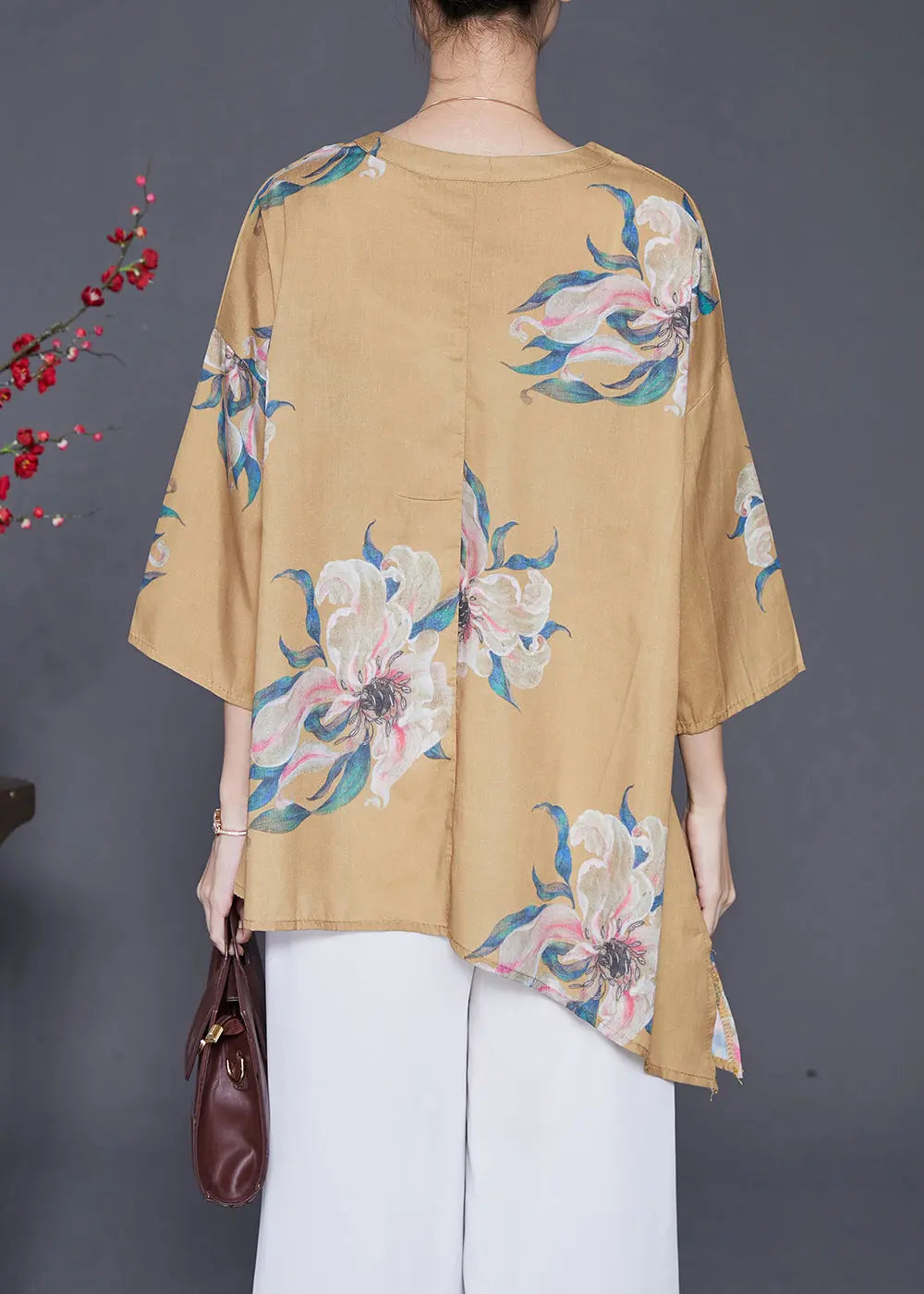 Women Khaki Asymmetrical Print Linen Shirts Summer Ada Fashion