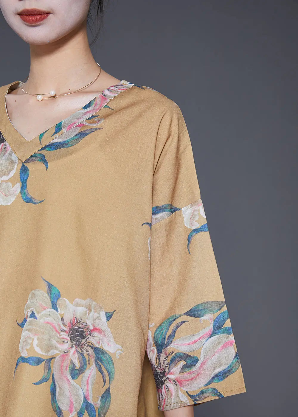 Women Khaki Asymmetrical Print Linen Shirts Summer Ada Fashion