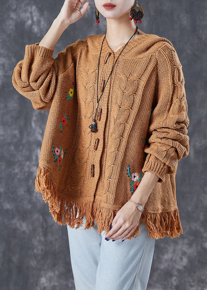 Women Khaki Embroideried Tasseled Knit Jackets Fall Ada Fashion