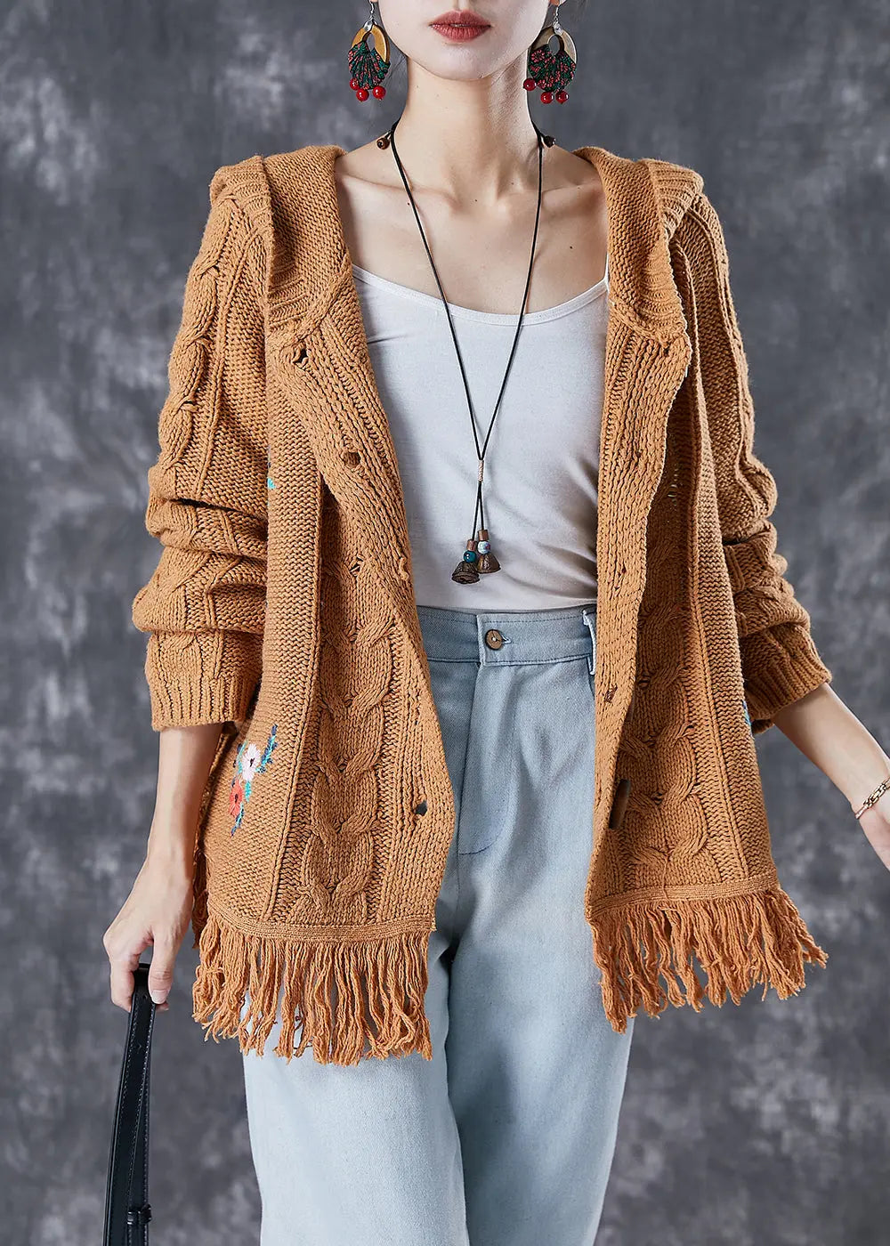 Women Khaki Embroideried Tasseled Knit Jackets Fall Ada Fashion