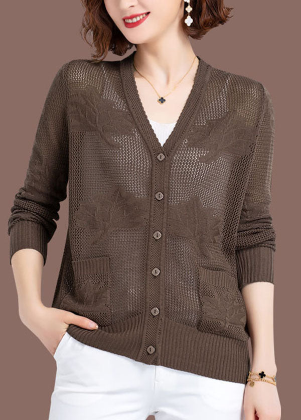 Women Khaki Hollow Out Embroideried Patchwork Thin Knit Cardigan Fall Ada Fashion