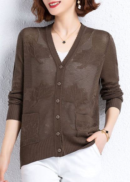 Women Khaki Hollow Out Embroideried Patchwork Thin Knit Cardigan Fall Ada Fashion