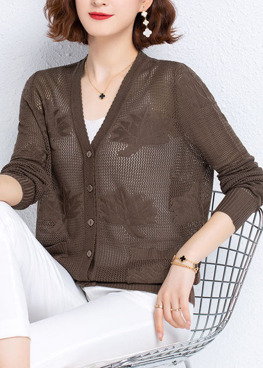 Women Khaki Hollow Out Embroideried Patchwork Thin Knit Cardigan Fall Ada Fashion