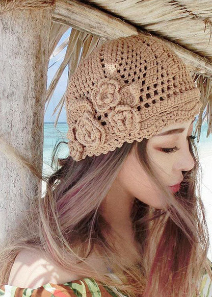 Women Khaki Hollow Out Floral Knitting Cotton Bonnie Hat LC0474 - fabuloryshop