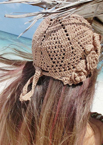 Women Khaki Hollow Out Floral Knitting Cotton Bonnie Hat LC0474 - fabuloryshop