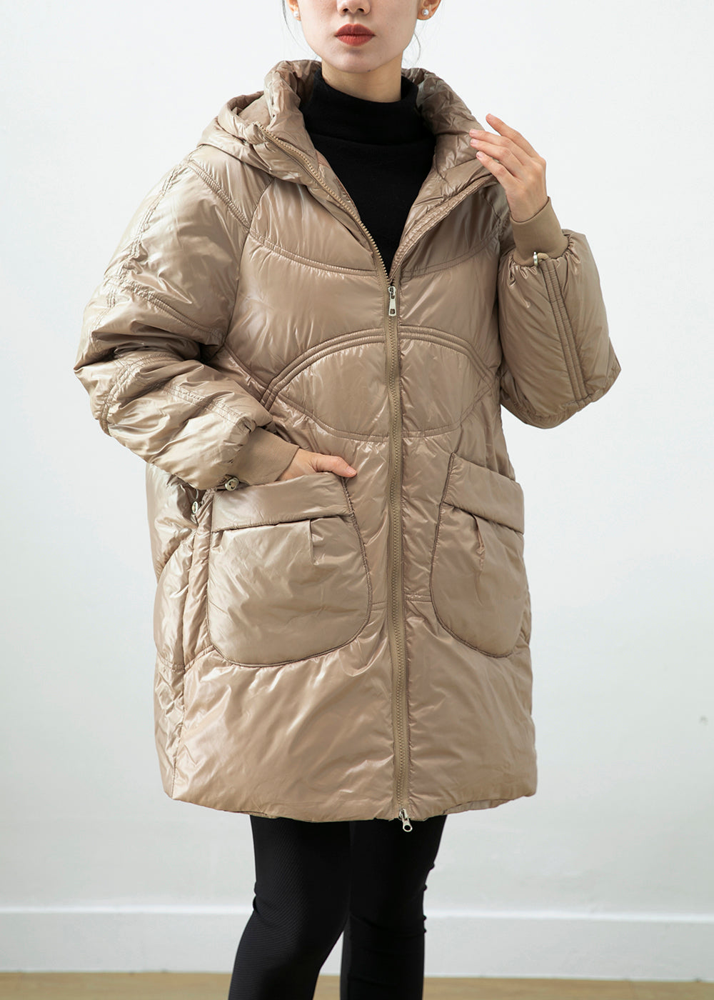 Women Khaki Hooded Pockets Fine Cotton Filled Winter Coats Winter Ada Fashion