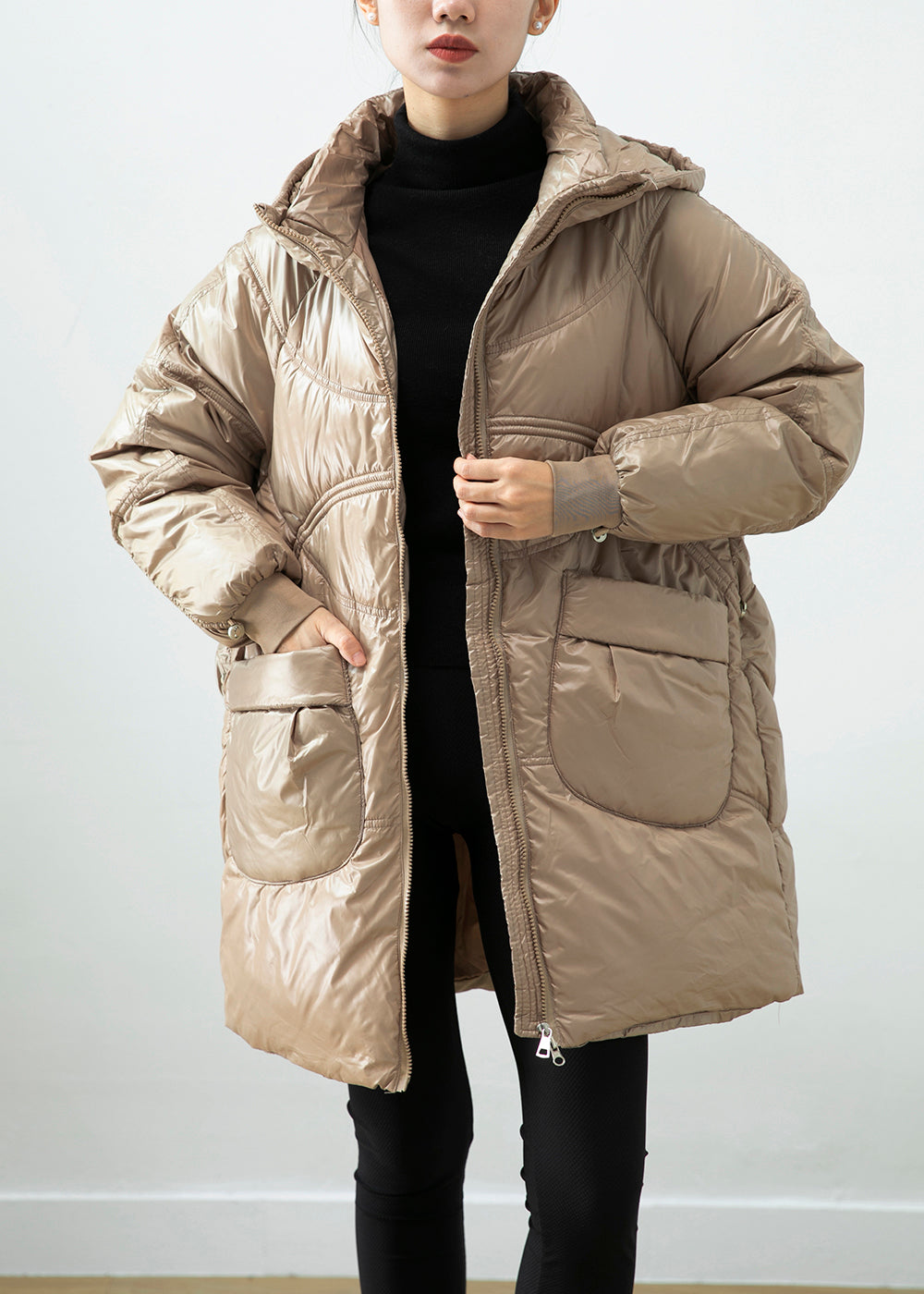 Women Khaki Hooded Pockets Fine Cotton Filled Winter Coats Winter Ada Fashion