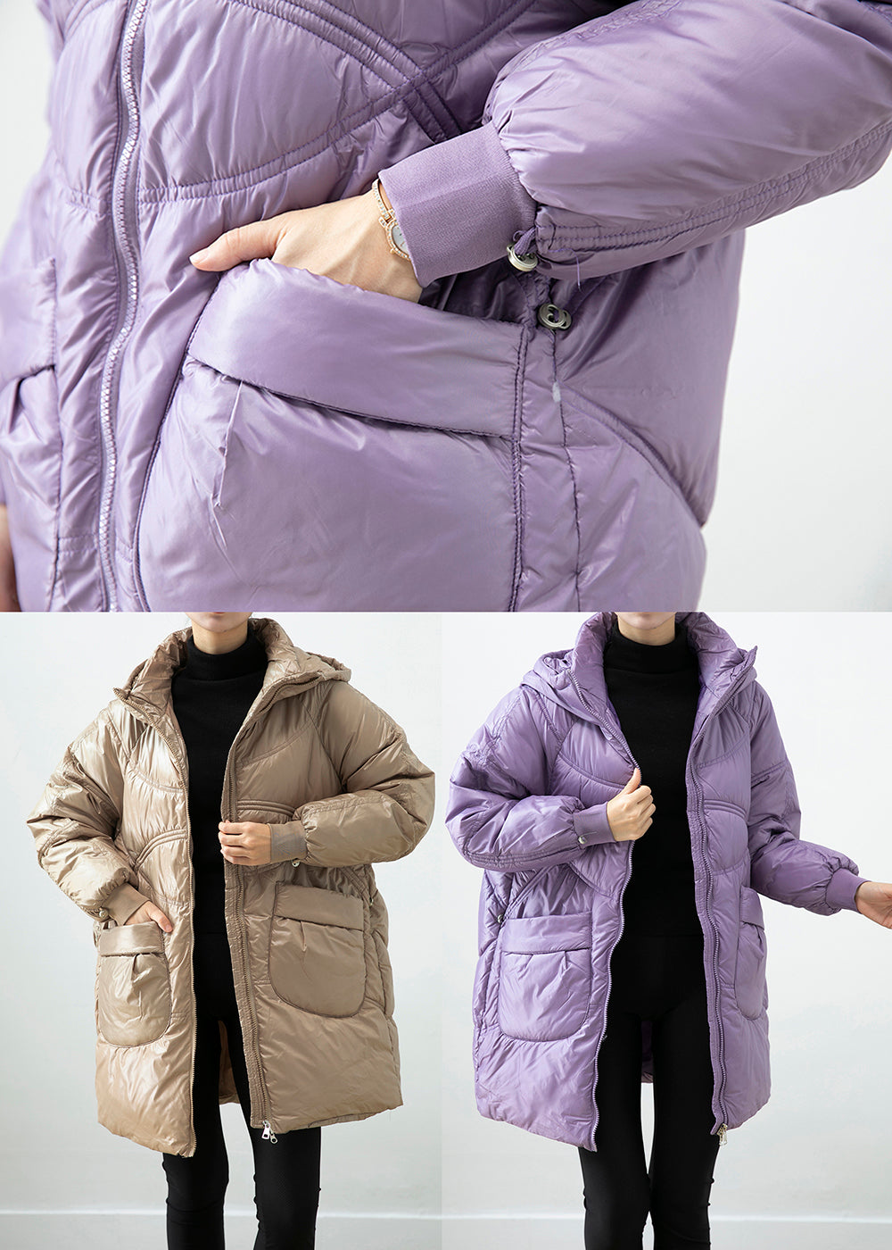 Women Khaki Hooded Pockets Fine Cotton Filled Winter Coats Winter Ada Fashion