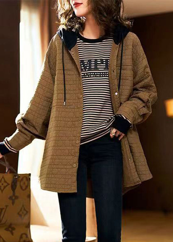 Women Khaki Hooded Pockets Patchwork Fine Cotton Filled Coats Winter Ada Fashion