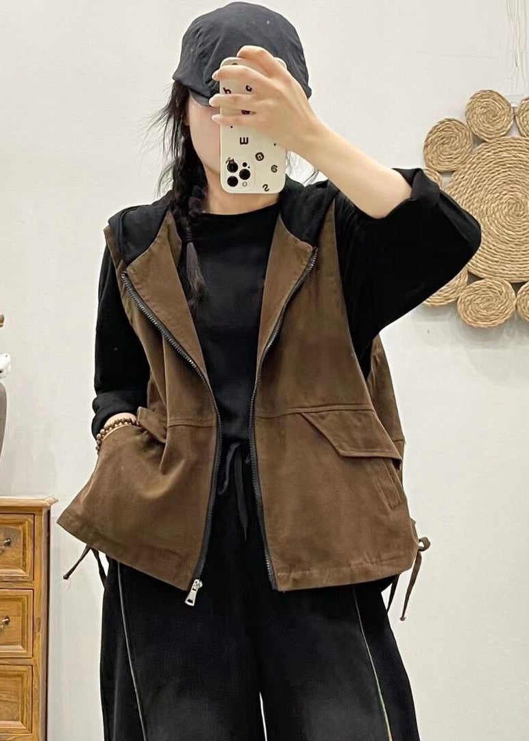 Women Khaki Hooded Zippered Patchwork Denim Vest Sleeveless Ada Fashion