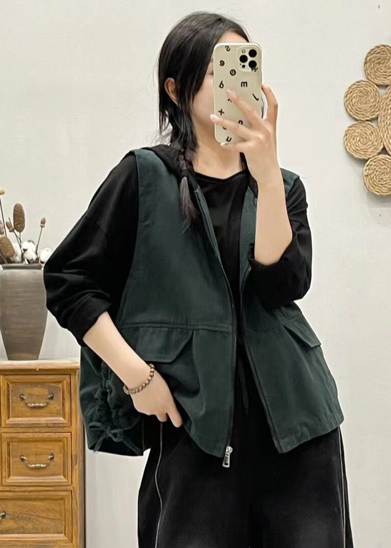 Women Khaki Hooded Zippered Patchwork Denim Vest Sleeveless Ada Fashion