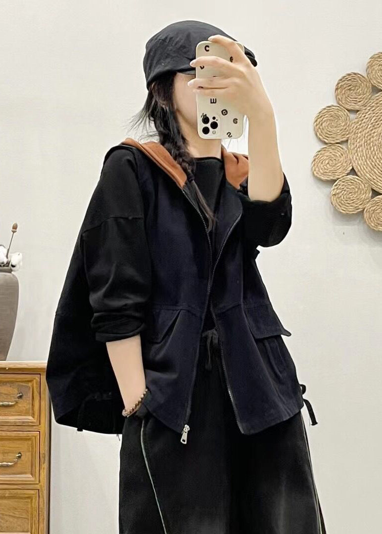 Women Khaki Hooded Zippered Patchwork Denim Vest Sleeveless Ada Fashion