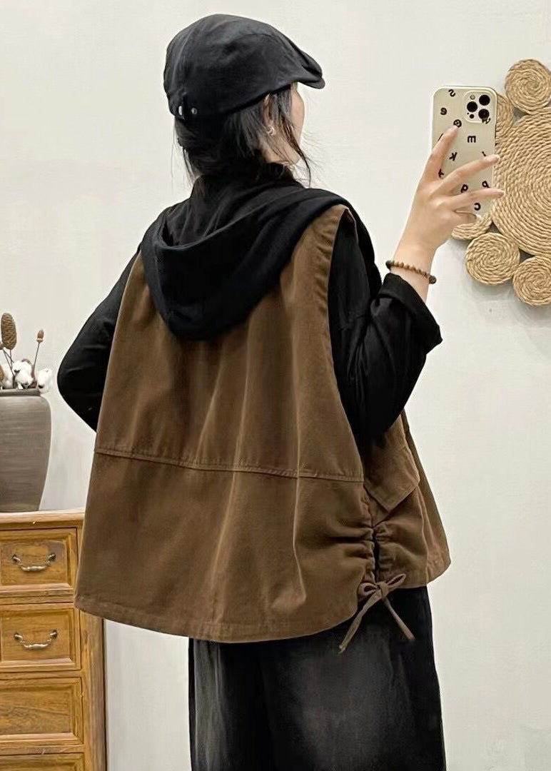 Women Khaki Hooded Zippered Patchwork Denim Vest Sleeveless Ada Fashion