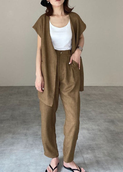 Women Khaki O-Neck Patchwork Vest And Pants Linen Two Pieces Set Spring LY2177 - fabuloryshop