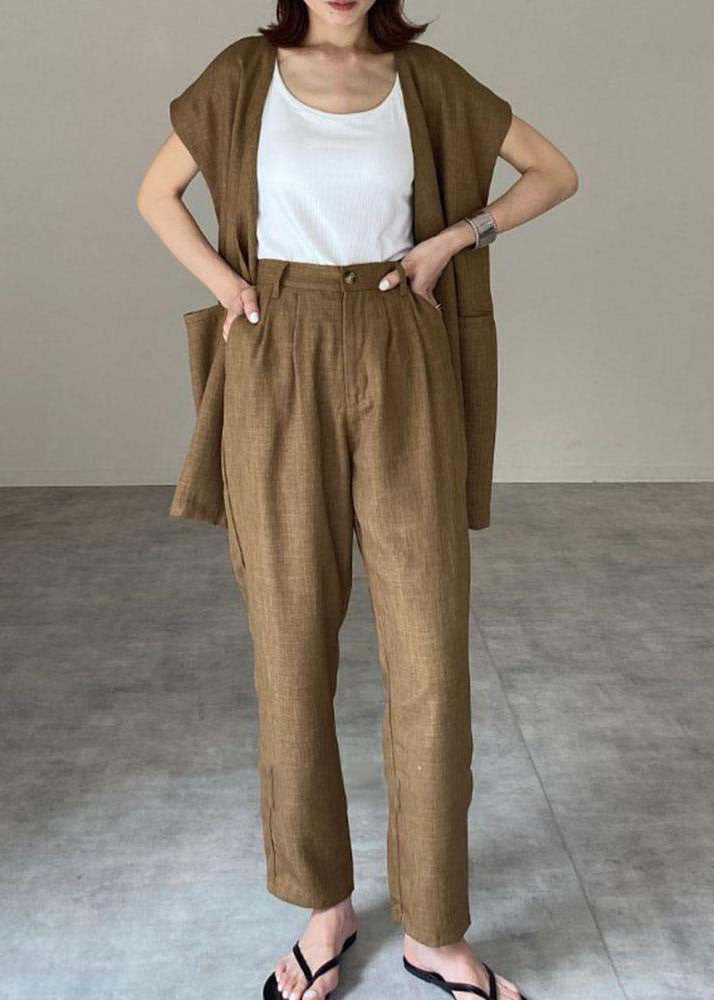 Women Khaki O-Neck Patchwork Vest And Pants Linen Two Pieces Set Spring LY2177 - fabuloryshop