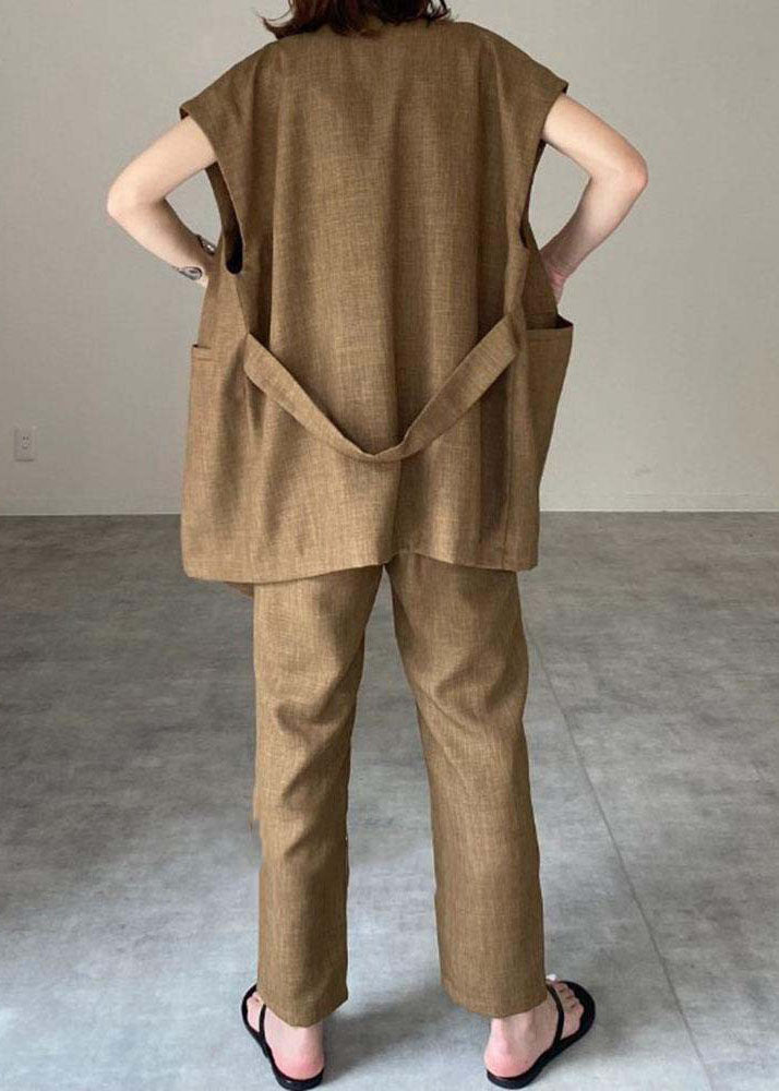 Women Khaki O-Neck Patchwork Vest And Pants Linen Two Pieces Set Spring LY2177