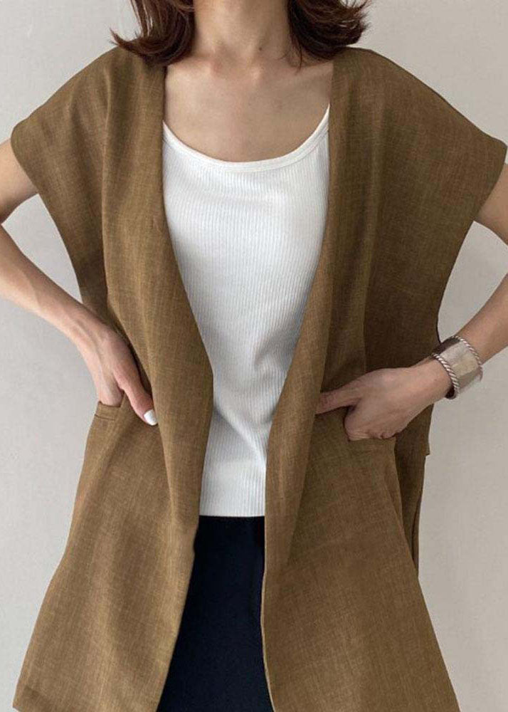 Women Khaki O-Neck Patchwork Vest And Pants Linen Two Pieces Set Spring LY2177 - fabuloryshop