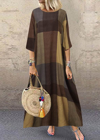 Women Khaki O-Neck Plaid Maxi Dresses Half Sleeve LC0001 - fabuloryshop