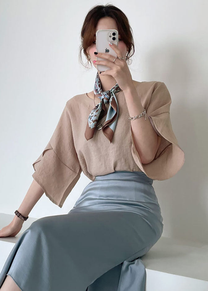 Women Khaki O-Neck Slim Fit Linen Shirt Top Butterfly Sleeve LY1321 - fabuloryshop