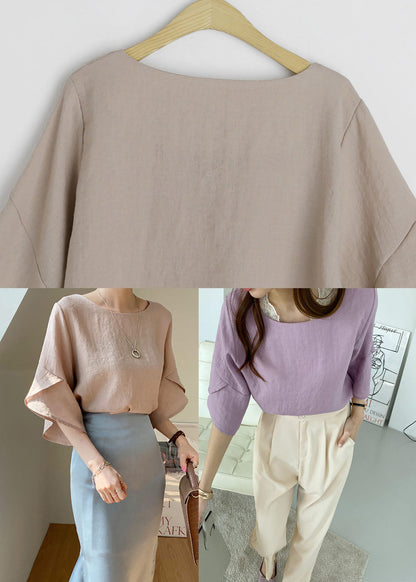 Women Khaki O-Neck Slim Fit Linen Shirt Top Butterfly Sleeve LY1321 - fabuloryshop