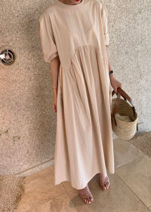 Women Khaki O Neck Wrinkled Patchwork Cotton Dresses Summer LY2062 - fabuloryshop