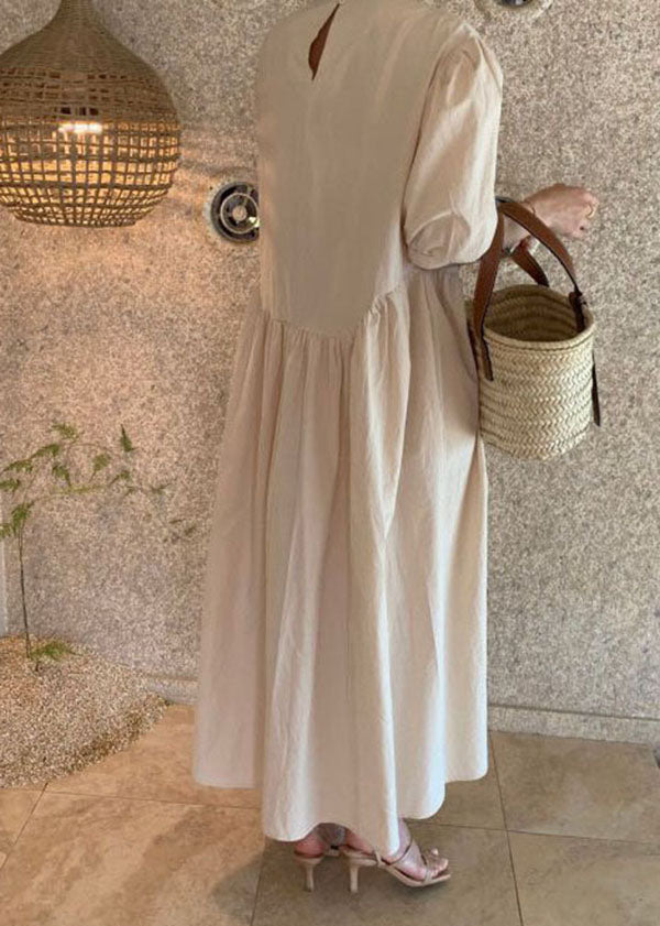 Women Khaki O Neck Wrinkled Patchwork Cotton Dresses Summer LY2062 - fabuloryshop