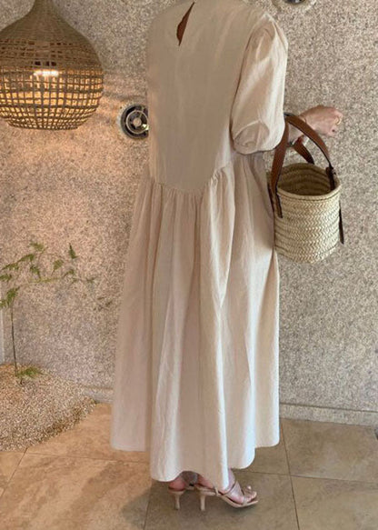 Women Khaki O Neck Wrinkled Patchwork Cotton Dresses Summer LY2062 - fabuloryshop