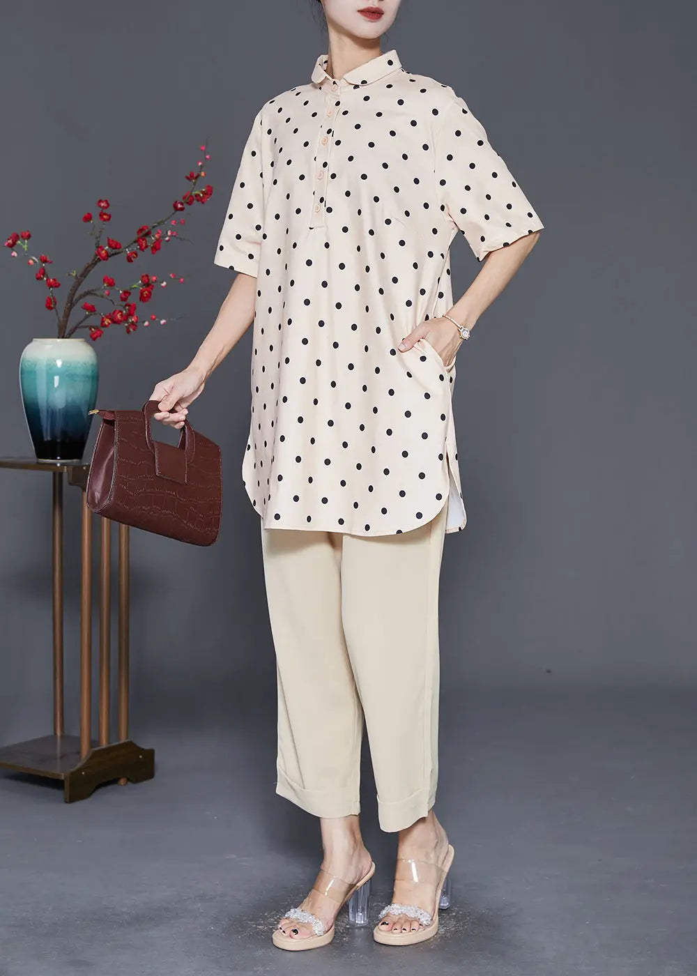 Women Khaki Oversized Dot Print Two Piece Set Women Clothing Fall Ada Fashion