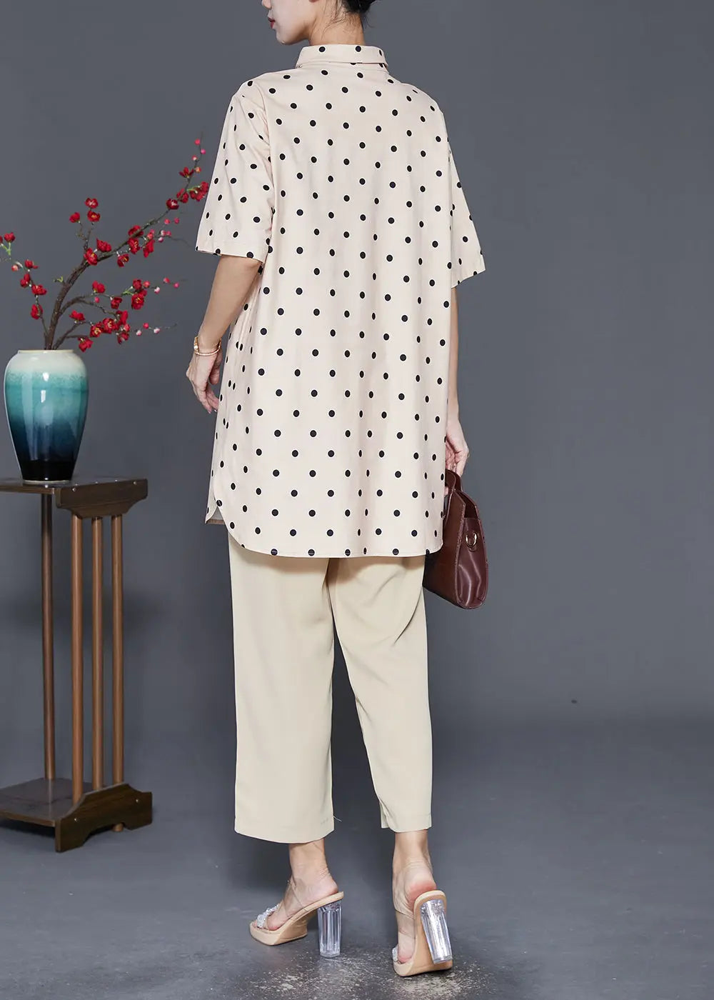 Women Khaki Oversized Dot Print Two Piece Set Women Clothing Fall Ada Fashion