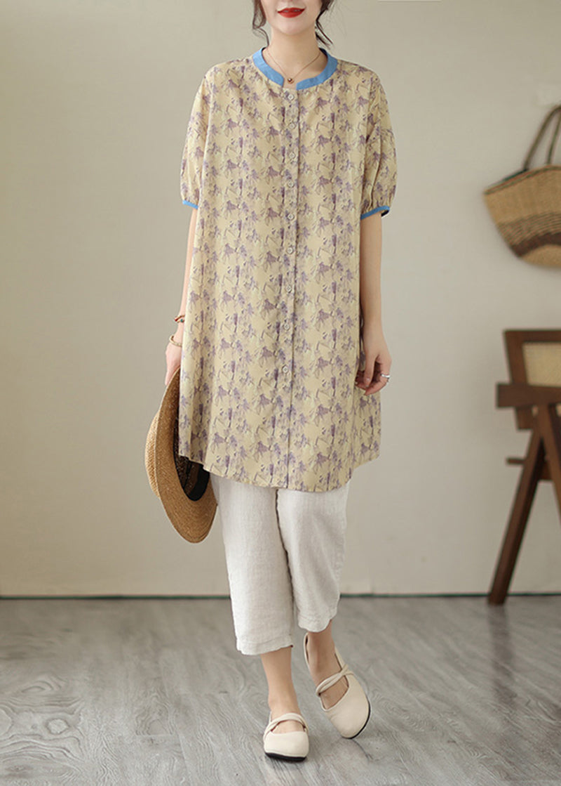 Women Khaki Oversized Print Linen Shirt Dress Summer LY5353 - fabuloryshop