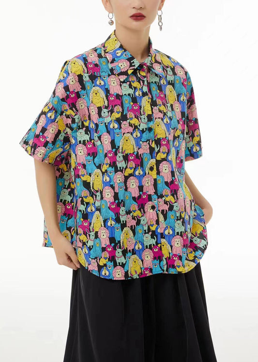 Women Khaki Peter Pan Collar Animal Print Cotton Blouses Summer TS1028 - fabuloryshop