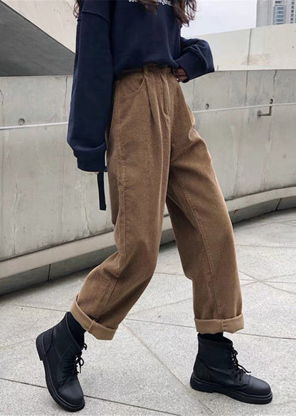 Khaki Pockets High Waist Warm Fleece Pants