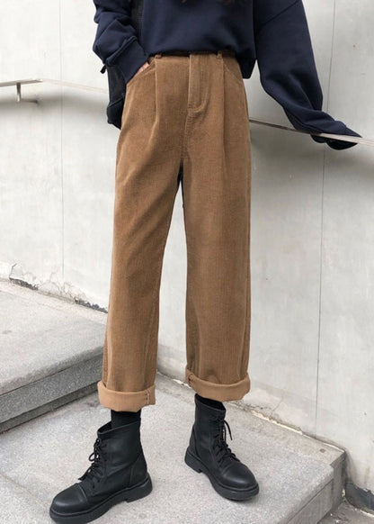 Khaki Pockets High Waist Warm Fleece Pants