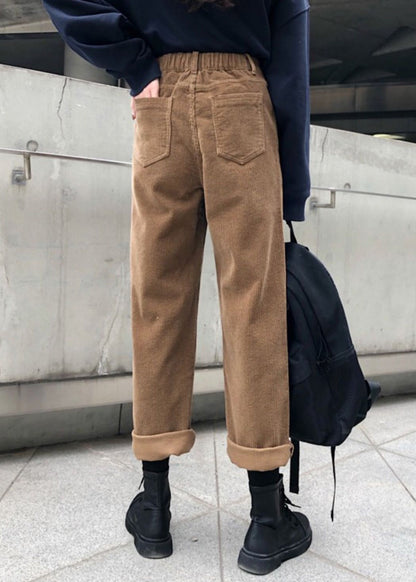 Khaki Pockets High Waist Warm Fleece Pants