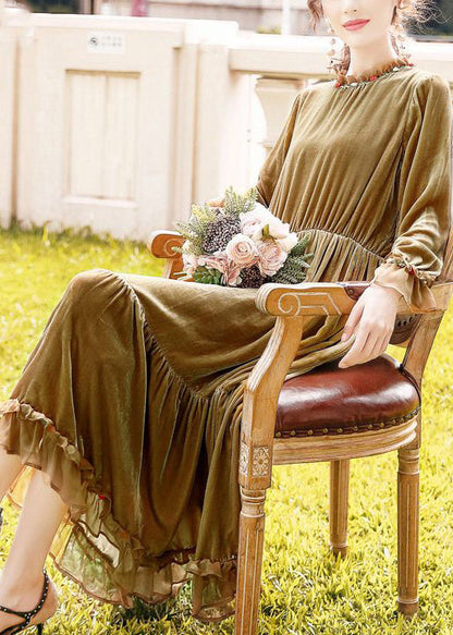 Women Khaki Ruffled Patchwork Exra Large Hem Silk Velour Dresses Spring LY0680 - fabuloryshop