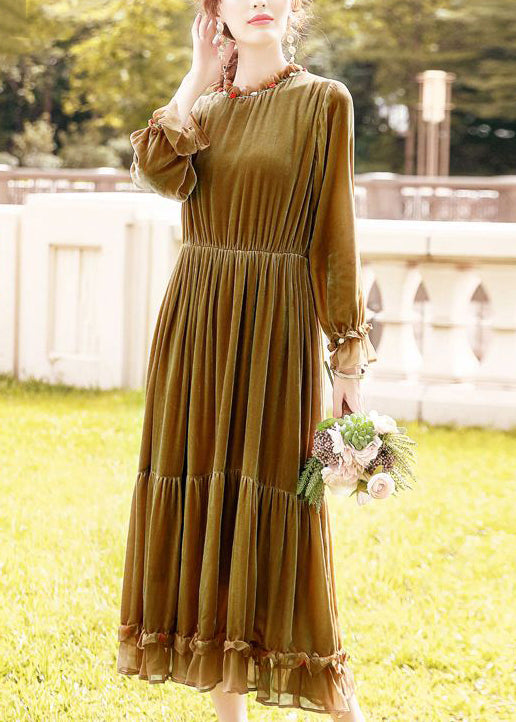 Women Khaki Ruffled Patchwork Exra Large Hem Silk Velour Dresses Spring LY0680 - fabuloryshop