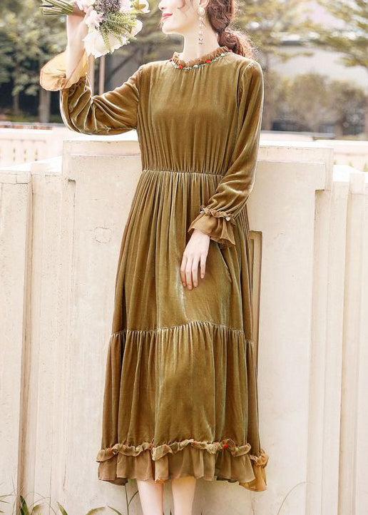 Women Khaki Ruffled Patchwork Exra Large Hem Silk Velour Dresses AC3053