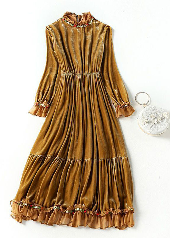 Women Khaki Ruffled Patchwork Exra Large Hem Silk Velour Dresses Spring LY0680