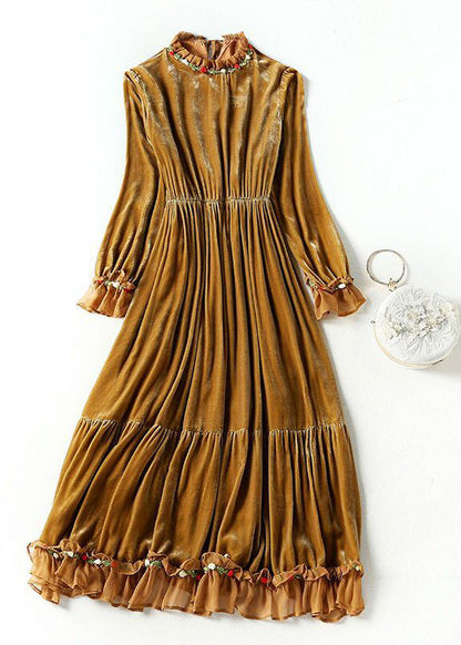 Women Khaki Ruffled Patchwork Exra Large Hem Silk Velour Dresses Spring LY0680 - fabuloryshop