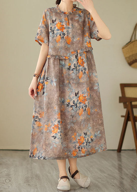 Women Khaki Ruffled Print Patchwork Cotton Dresses Summer LY3928 - fabuloryshop