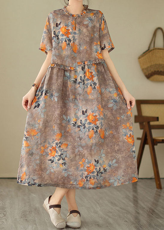 Women Khaki Ruffled Print Patchwork Cotton Dresses Summer LY3928 - fabuloryshop