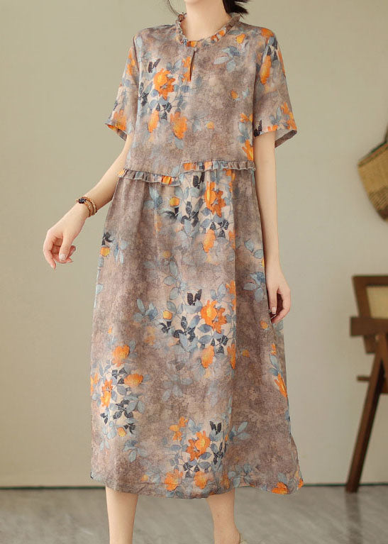 Women Khaki Ruffled Print Patchwork Cotton Dresses Summer LY3928 - fabuloryshop