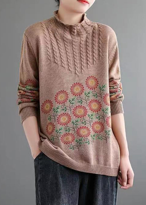 Women Khaki Turtleneck Print Patchwork Knitted Cotton Sweaters Fall Ada Fashion