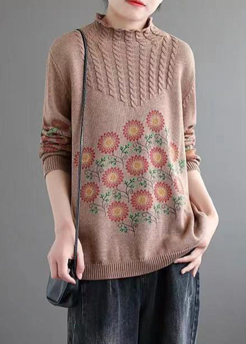 Women Khaki Turtleneck Print Patchwork Knitted Cotton Sweaters Fall Ada Fashion