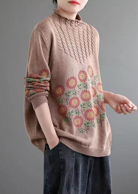 Women Khaki Turtleneck Print Patchwork Knitted Cotton Sweaters Fall Ada Fashion