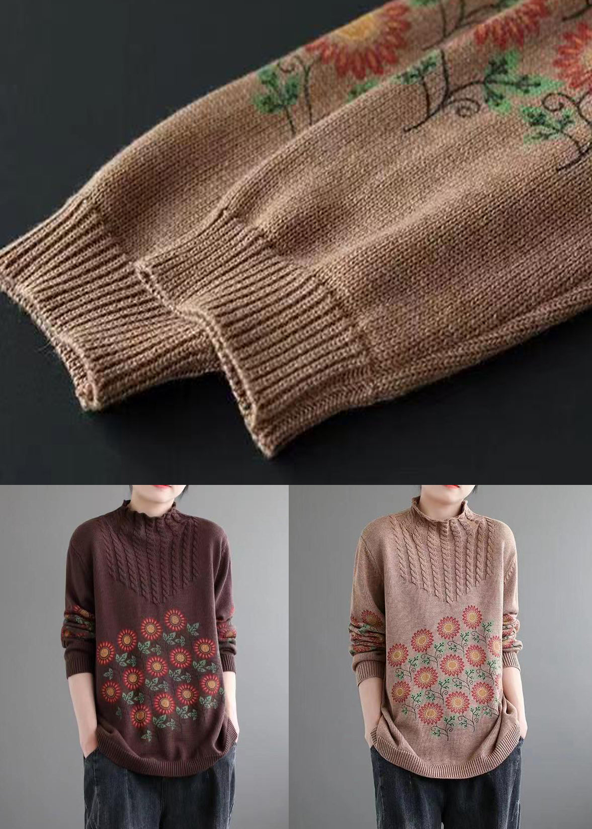 Women Khaki Turtleneck Print Patchwork Knitted Cotton Sweaters Fall Ada Fashion