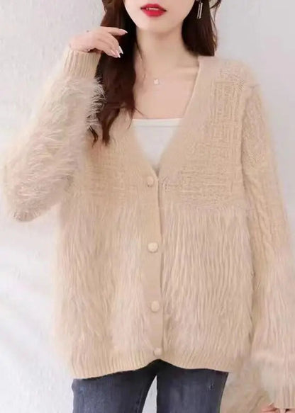 Women Khaki V Neck Patchwork Mink Hair Knitted Cardigan Fall Ada Fashion