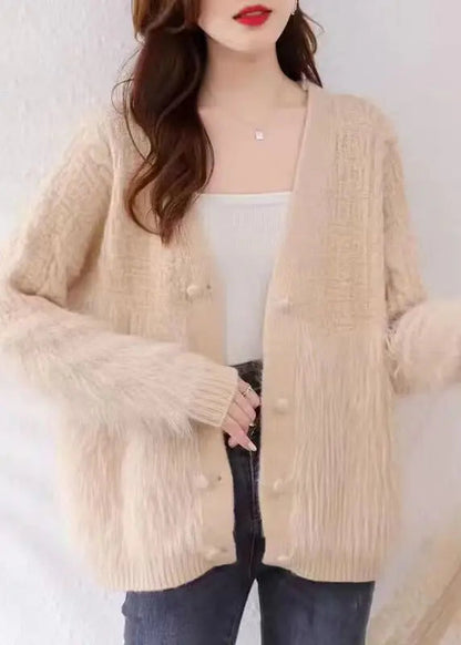 Women Khaki V Neck Patchwork Mink Hair Knitted Cardigan Fall Ada Fashion