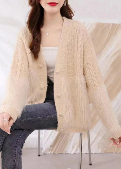 Women Khaki V Neck Patchwork Mink Hair Knitted Cardigan Fall Ada Fashion